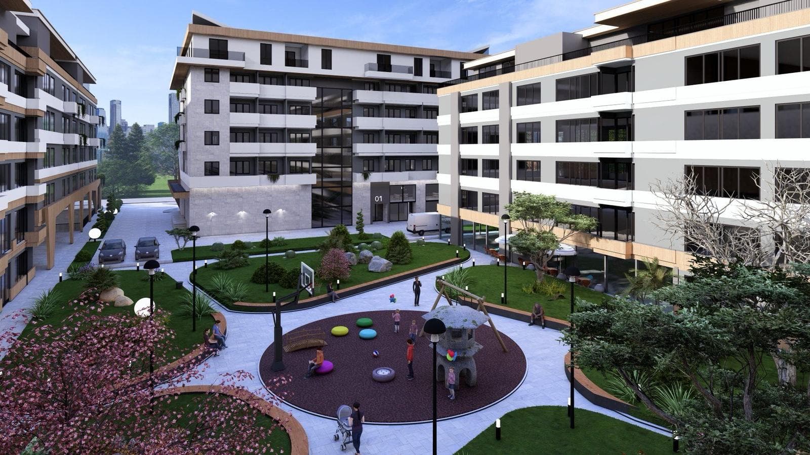 Playground and cherry blossoms in the courtyard